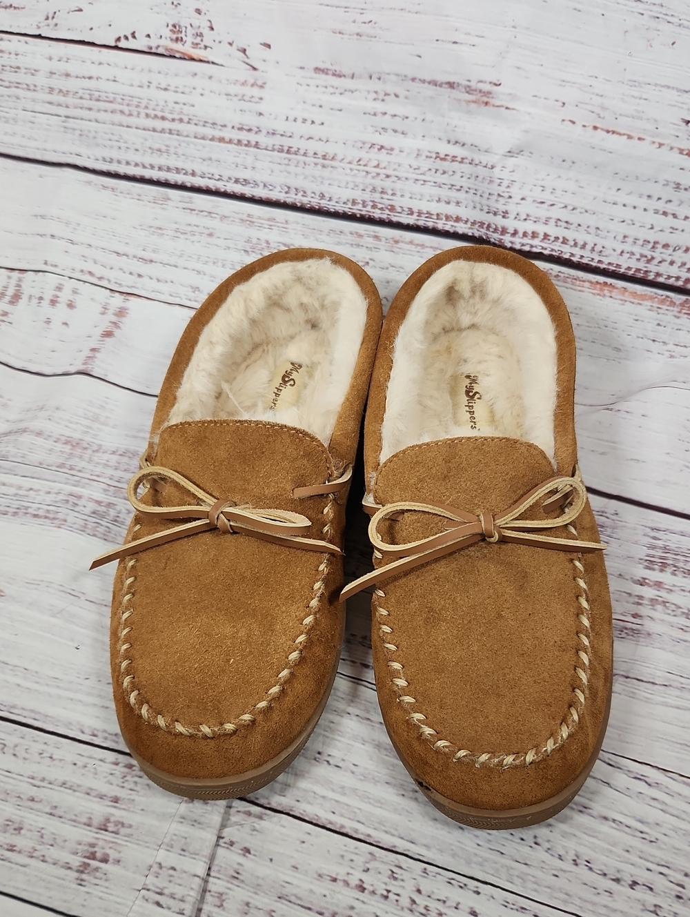 My Slippers Men's Suede Moccasin Slippers with Faux Fur Lining - Tan